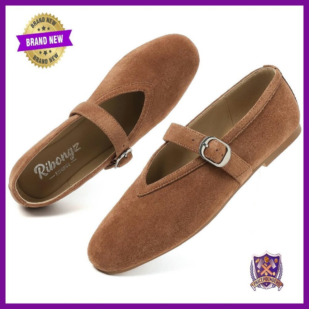 Leather Ballet Flats with Ankle Strap, Comfortable Slip-On for Office & Casual